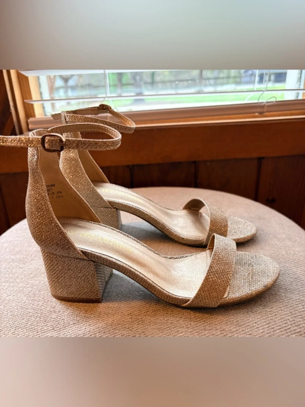 Dream Pairs Glitter Ankle-Strap Block Heels - Sz 6 Champagne Gold, prom, formal